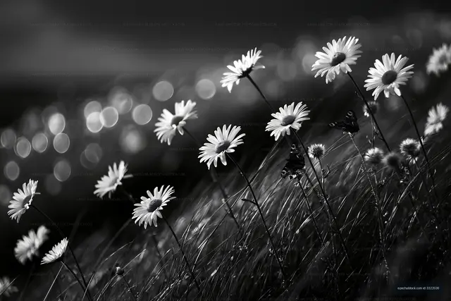 Black and white flowers growing in sunlight by the field