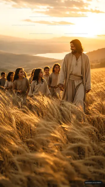 Jesus walks in a wheat field with children at sunset