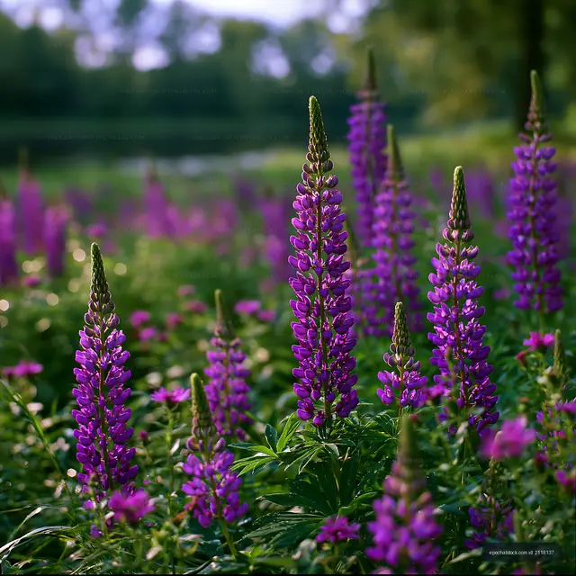 Lush field of purple wildflowers in the evening light