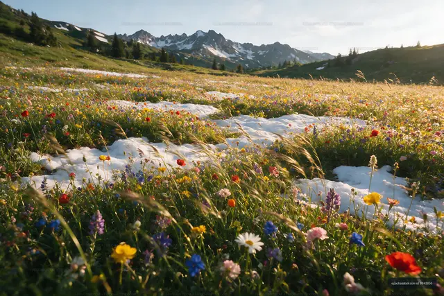 Mountain meadow with wildflowers in spring