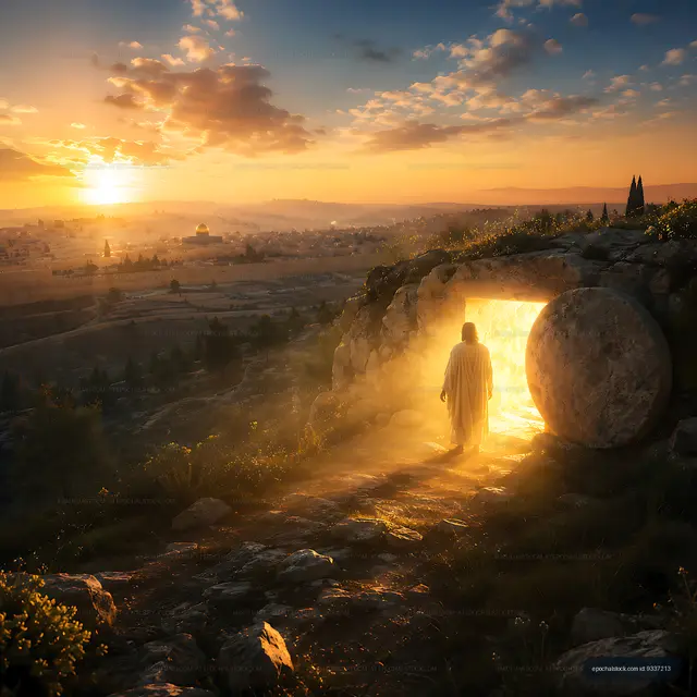 Sunrise view of a figure emerging from a stone tomb