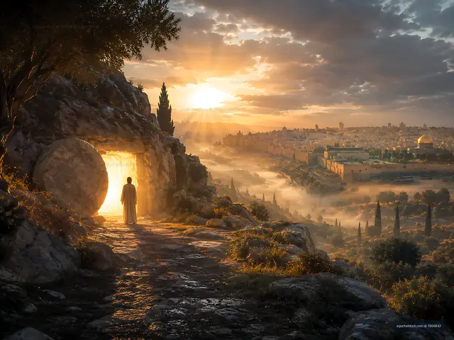 Person standing at an open stone entrance during sunrise