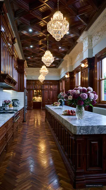 Modern kitchen with wooden cabinets and elegant lighting