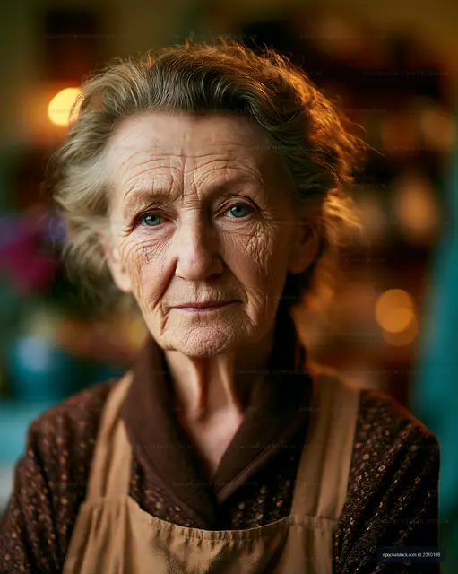 Elderly woman with wrinkles wearing a brown apron
