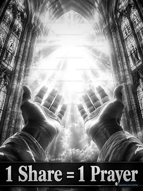 Hands reaching towards bright light in a church setting