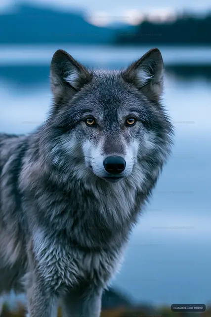 Wolf standing near water with mountains in the background