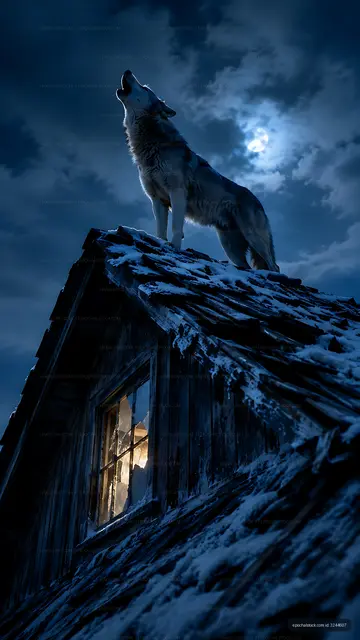 Wolf howling on the roof under the moonlit sky
