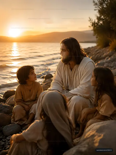 Group of children listening to a storyteller by the water at sunset