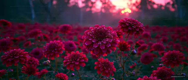 Vibrant pink flowers in a field at sunset