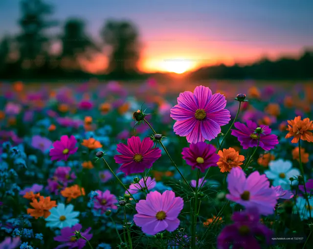 Colorful flowers bloom under a sunset in a vibrant field