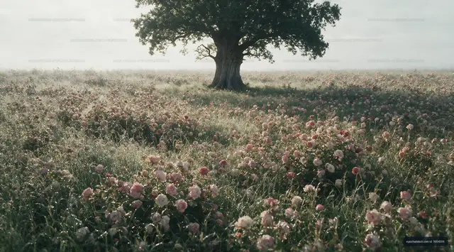 Large tree standing in a field with flowers under cloudy sky