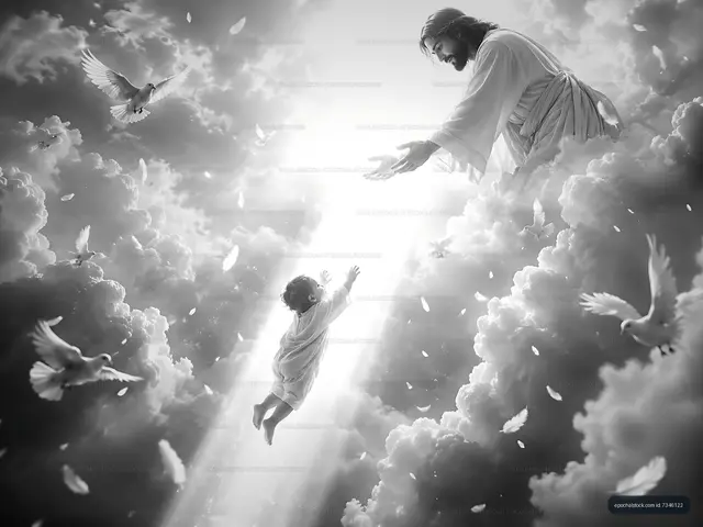 Jesus reaching out to child in a cloud-filled sky