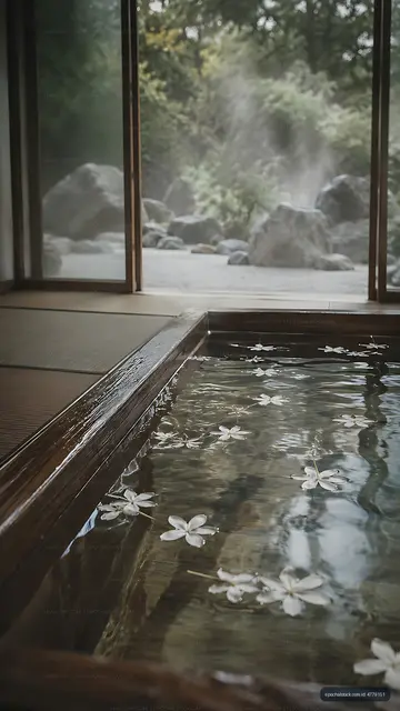 Wooden hot spring with flowers and scenic view outside