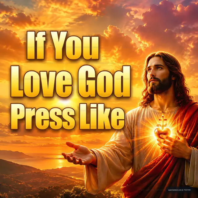 Religious figure with heart glowing at sunset