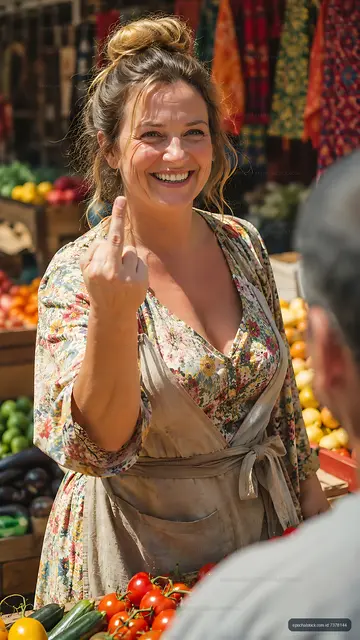 Woman smiling and showing a playful gesture at a market