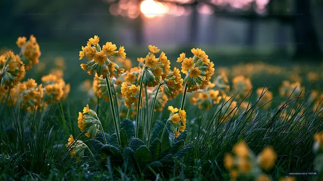 Yellow flowers blooming in a green field at sunset