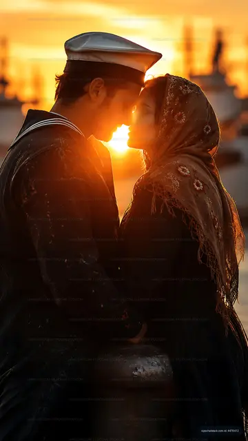 Couple sharing moment by water at sunset