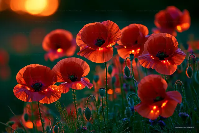 Bright red poppies bloom in a field during sunset