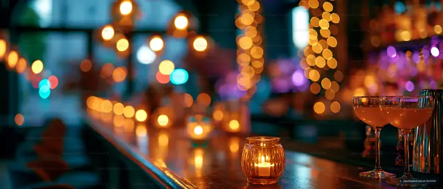 Warm lights and cocktails on a bar in an evening setting