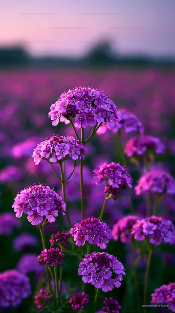 Purple flowers bloom in a field at sunset