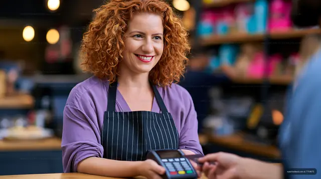Cashier serving customer at cafe with card payment