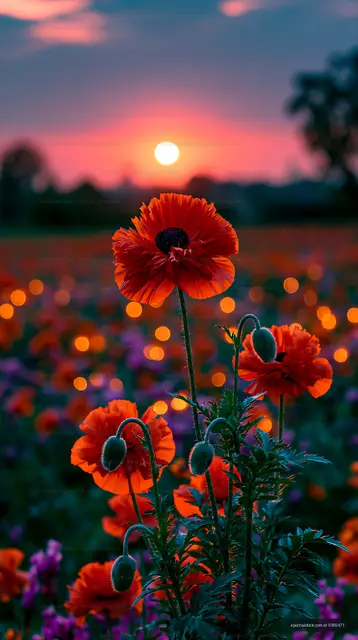 Sunset over a poppy field with vibrant colors