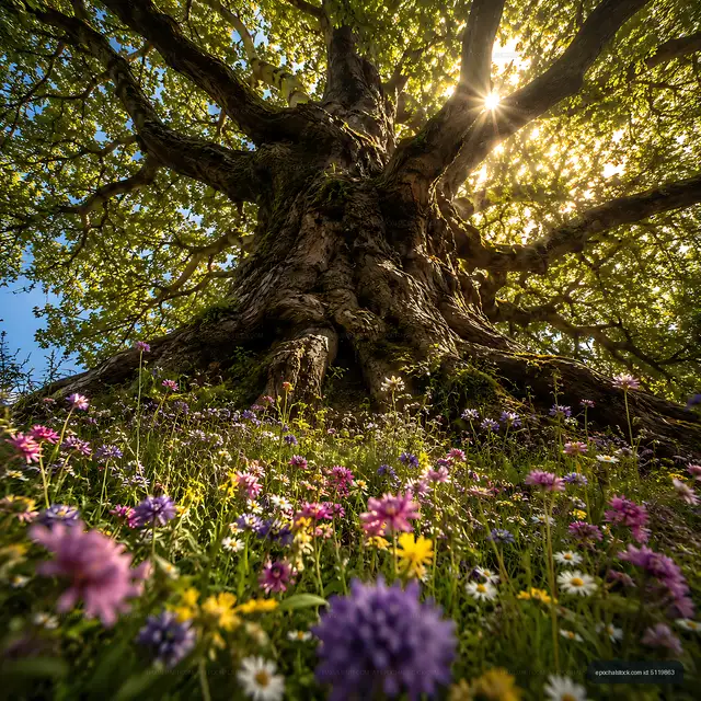 Large tree with sun shining and flowers on the ground