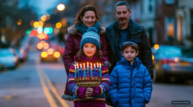 Family celebrates Hanukkah with menorah on city street