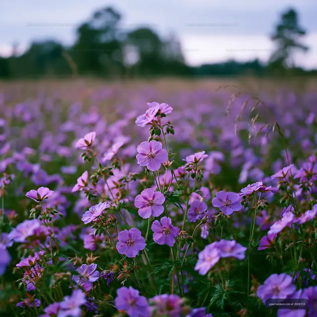 Wildflowers blooming in a field during late afternoon light