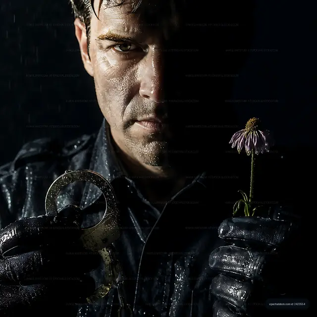 Man holding handcuffs and flower in dark setting