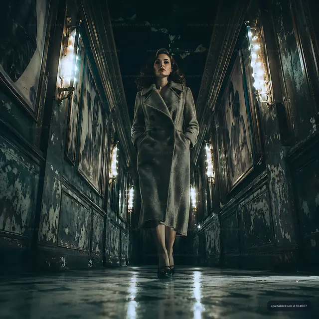 Woman in long coat walking through dark hallway with artwork