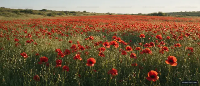 Vast field of red poppy flowers under blue sky