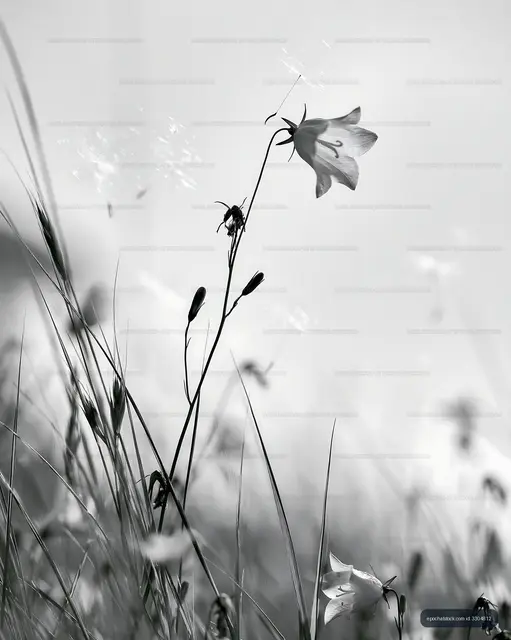 Single flower in a field during the day in black and white