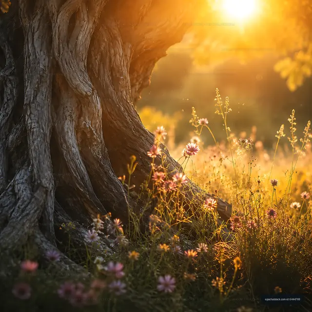 Sunset behind a tree trunk with flowers in a sunlit field