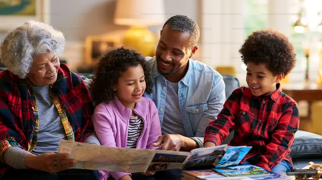 Family looking at maps and planning a trip together