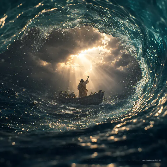Person in a boat during a storm with waves and sunlight