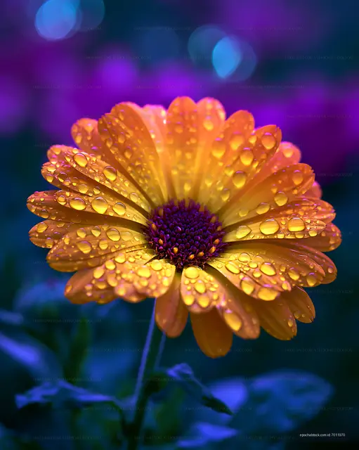 Bright flower with water droplets in garden at twilight