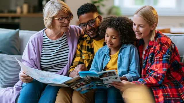 Family enjoying time together reading a travel guide at home