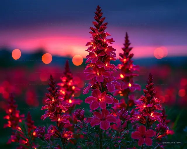 Bright red flowers bloom under sunset sky with blurred lights