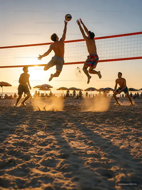 Men playing volleyball on beach during sunset