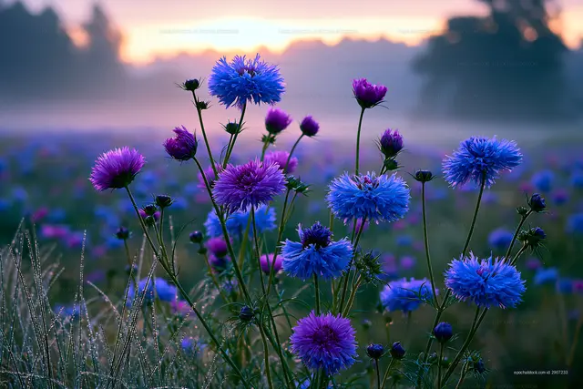 Field of blue and purple flowers at sunset