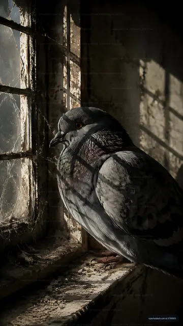 Pigeon perched by a window with sunlight and shadows