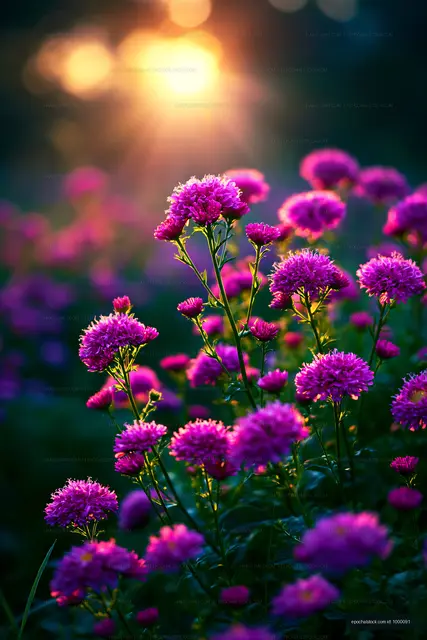 Purple flowers in sunlight during the late afternoon