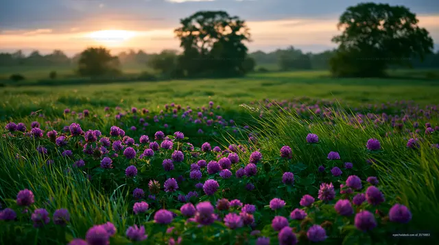 Sunset over a field with purple flowers and green grass