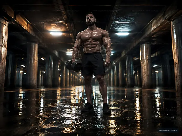 Muscular man lifting dumbbell in underground gym