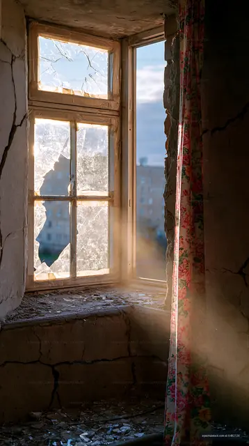 Sunlight streaming through broken window in an old building