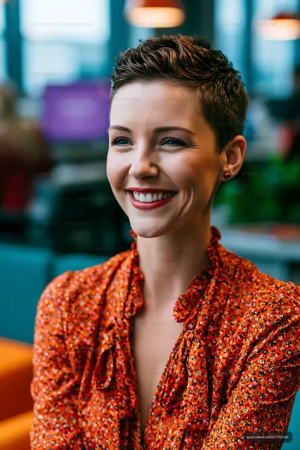 Woman smiling in modern office setting during daytime