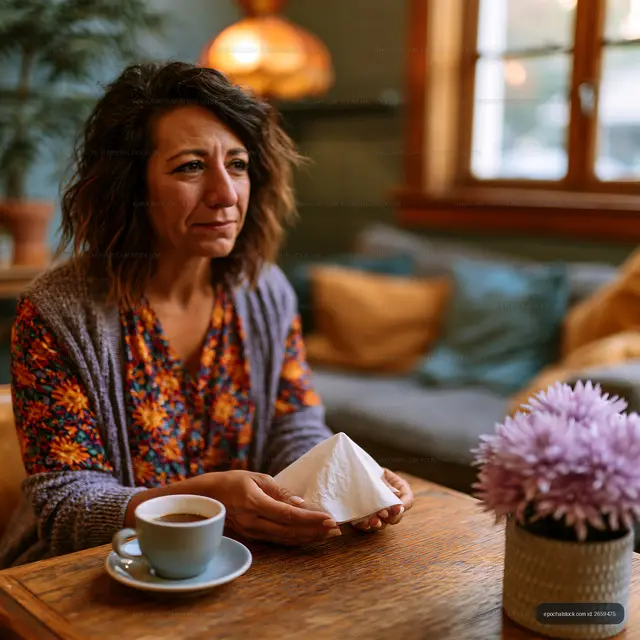 Woman sitting in a cafe holding a napkin with a cup of coffee