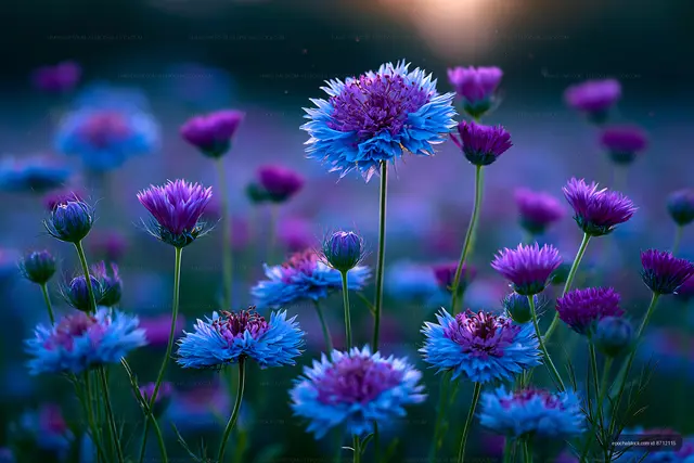 Colorful wildflowers in a field at sunset