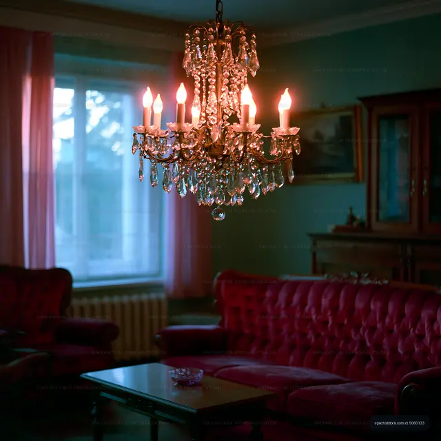 Elegant chandelier above a vintage sofa in a cozy room
